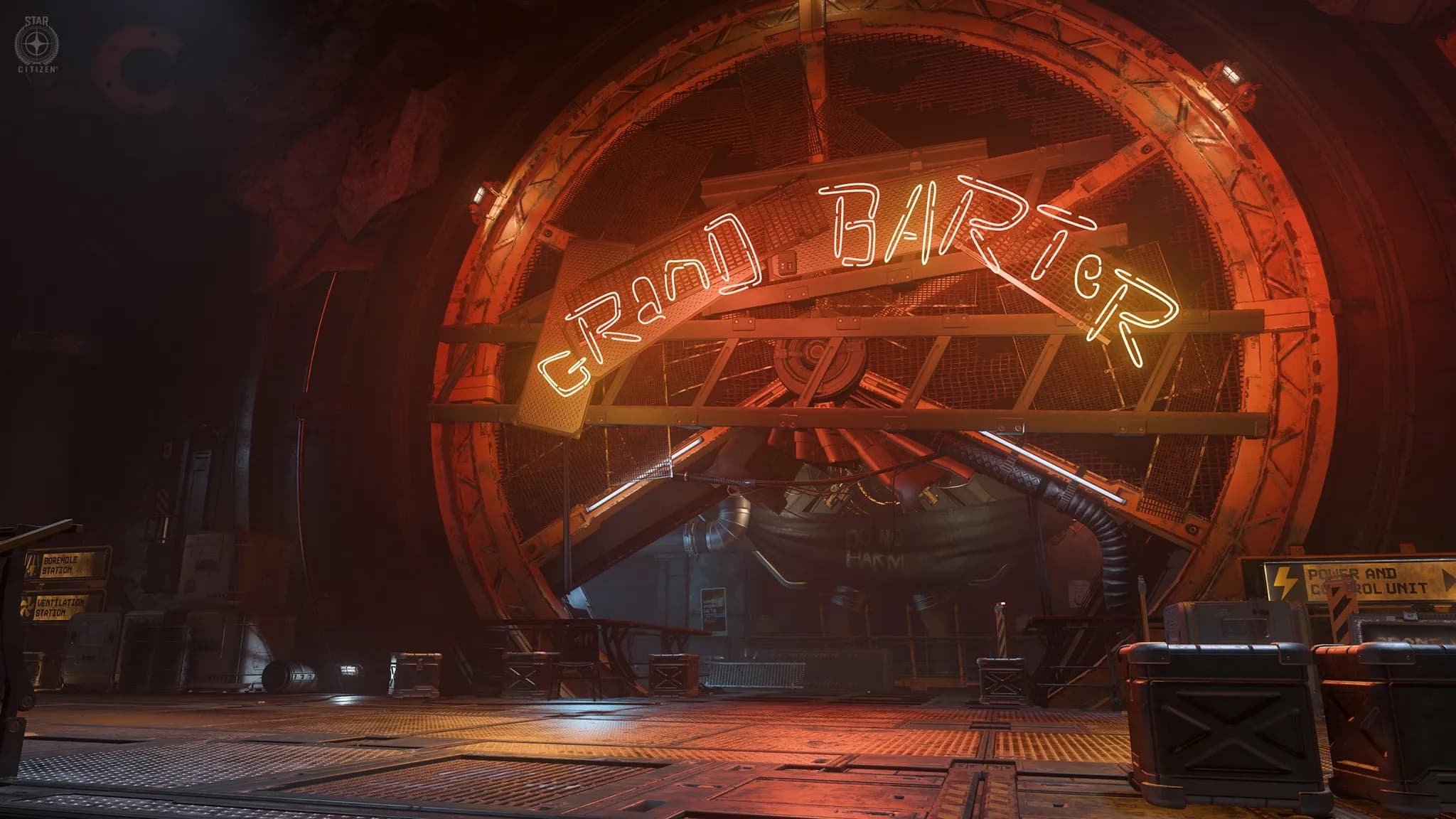 Grand Barter: eine Bar aus rostigem Stahl und flackerndem Neon in einer Pyro-Station.